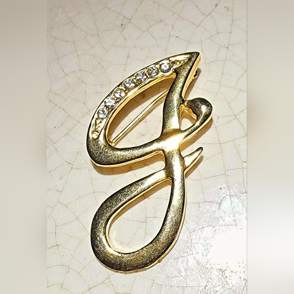 1990s Gold and rhinestone cursive g brooch, initial, gorgeous, girl, girlfriend - Picture 2 of 5